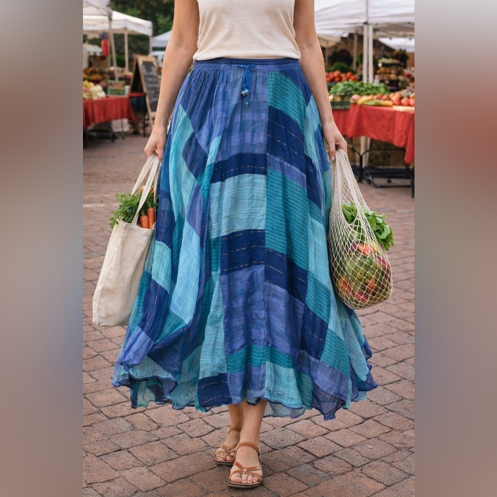 Paul Ropp Wool Patchwork Blue Long Skirt Women’s Medium 100% Cotton